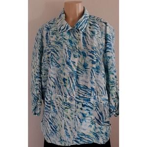 Chicos 3 Blue Print Button Down 3/4 Sleeve Shirt W/ Pockets